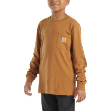 Carhartt Boys' Long Sleeve Crewneck T-Shirt with Pocket, Brown Tan, 5