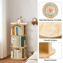 Rotating Bookshelf Pine Storage Shelf, Spinning Design with Natural Wood Color,