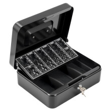 Black Metal Cash Box 10 Inches – Lockable Coin & Bill Organizer with Coin Tray