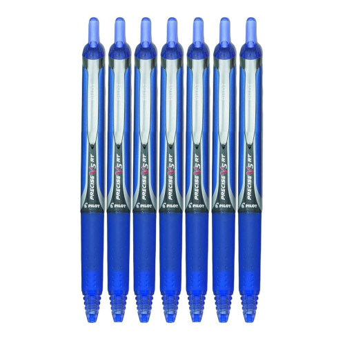 Pilot Pilot Precise V5 RT Retractable Kulspennor, Extra Fin Spets (.5mm), Blå Bläck, 7-pk; Komfortgrepp, Bundle med Plastpåse