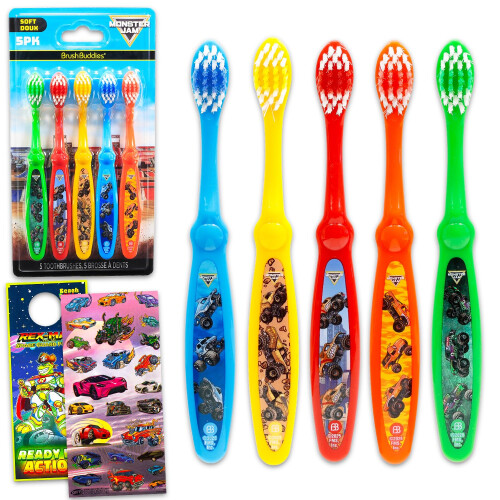 Monster Jam Set de Cepillos de Dientes Monster Jam - Pack con 5 Cepillos y Stickers