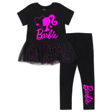 Camiseta y Pantalones Peplum de Niña Pequeña Barbie con Estampado Metálico Negro/Rosa 5T