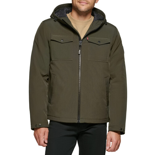 Levi's Levi's Men's Soft Shell Two Pocket Sherpa Lined Hooded Trucker Jacket, Olive W. Quilted Lining, Medium