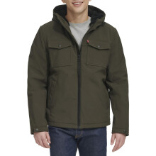 Levi's Men's Soft Shell Two Pocket Sherpa Lined Hooded Trucker Jacket, Olive Tech, Medium