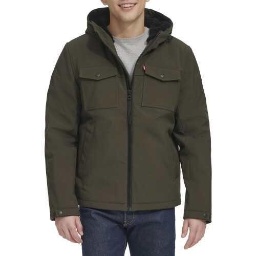Levi's Levi's Men's Soft Shell Two Pocket Sherpa Lined Hooded Trucker Jacket, Olive Tech, Medium