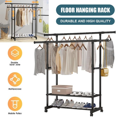 Installation Easily Retractable Clothes Rack with Wheels Stable Double Rod Easy