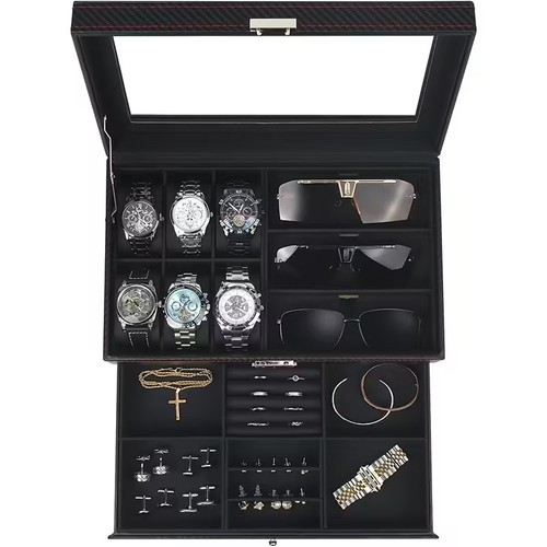 Storage Box W/ Watch Compartments Compartments Drawer Glass Cover Key Lock 1