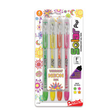 Pentel Solar Pop Neon Gelstift, 0,6 mm Feinlinie, Sortierte Farben, 4er Pack (K96BP4M)