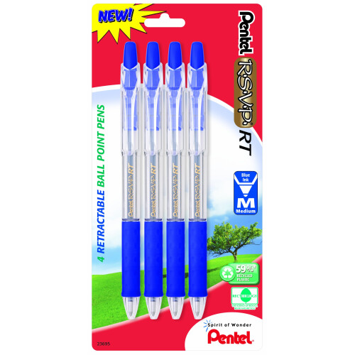 Pentel Pentel R.S.V.P. RT Nytt Retractable Kulpenna, Medium Linje, Blå Bläck, 4 Pack (BK93BP4C)