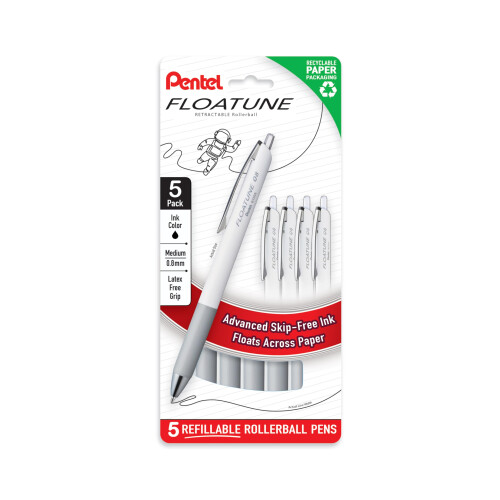 Pentel Pentel Floatune Retractable Rollerball, 0.8mm Medium Point, Black Ink, 5-pk (BY208PF5A)