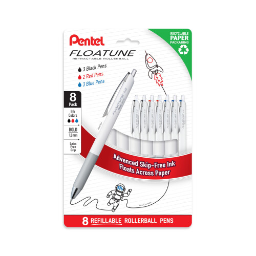 Pentel Pentel Floatune Penna Rollerball Retrattile, Punta Bold 1.0mm, Inchiostro Nero, Rosso e Blu, 8-pz