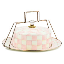 MACKENZIE-CHILDS Portacake in Smalto, Piatto di Servizio con Coperchio e Manici, Rosa e Bianco a Quadretti