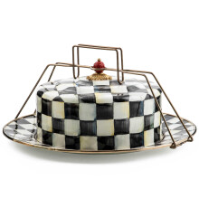 MACKENZIE-CHILDS Porta Torta in Smalto, Piatto da Servire con Coperchio e Manici, Check Bianco e Nero