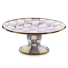 MACKENZIE-CHILDS Enamel Pedestal Platter, Round Cake Stand, Mini, Purple-and-White Violet Check