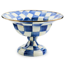 MACKENZIE-CHILDS Enamel Compote, Cute Enamel Pedestal Serving Dish or Decorative Bowl, Large, Blue-and-White Royal Check