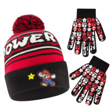 Nintendo Barn Vintermössa och Handskar Set, Super Mario Beanie För 4-7 År, RÖD/SVART