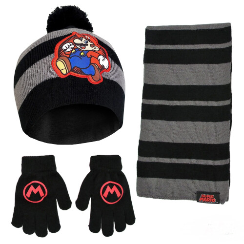 Nintendo Cappello Invernale, Sciarpa e Guanti per Bambini Super Mario per 4-7 Anni Nero/Grigio