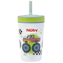 Nuby Thirsty Kids Insulated Toddler Cup with Silicone Flexstraw - 12 oz - Stainless Steel and Leak-Resistant - 18+ Months - Monster Trucks