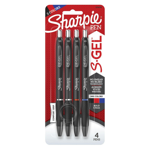 Sharpie SHARPIE S-Gel Retractable Gel Pens, Bold Point, Assorted Ink, 4/Pack (2116198)