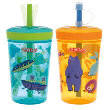 Nuby Thirsty Kids Super Sipper Vaso Anti-Derrame con Válvula de Silicona 360 y Pajita - (2 Pack) 14 oz