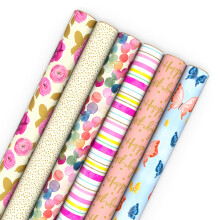 Papier Cadeau Hallmark avec Lignes de Découpe (6 Rouleaux: 180 Pieds Carrés) Fleurs, Papillons, Rayures, Pois
