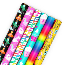 Papier Cadeau Hallmark Enfant avec Lignes de Découpe (6 Rouleaux : 180 Pieds Carrés) Dinosaures, Licornes, Arc-en-Ciel, Jeux Vidéo