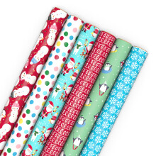 Carta Regalo di Natale per Bambini Hallmark (6 Rotoli: 180 Ft² Totali) Pupazzo di Neve, Fiocchi di Neve, Pinguini, Babbo Natale