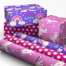 Papier Cadeau Anniversaire Enfant Hallmark Mini Roulés, 3-Pack (Licornes, Arc-en-Ciel, Pois Blancs)