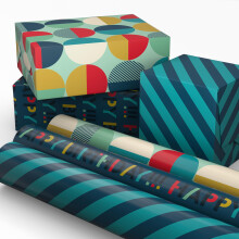 Papier Cadeau Anniversaire Hallmark Mini Roulés, 3-Pack (Rayures Bleu Marine et Turquoise, Cercles Orange et Jaune)
