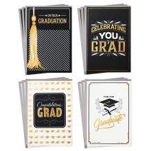 Hallmark Afstudeerkaarten Assortiment, Zwart en Goud, Gefeliciteerd Grad (12 Kaarten en Enveloppen, 4 Ontwerpen)