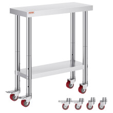 VEVOR Stainless Steel Catering Work Table 30x18x34 Inch Commercial Kitchen Table with 4 Wheels Commercial Food Prep Workbench with Flexible Adjustment