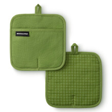 KITCHENAID Gourmet Series Gridlines Pot Holders 2-Pack Set, Heat Resistant up to 600F, Soft Silicone Grip, Magnetic Cuff, Matcha Green, 8"x8"
