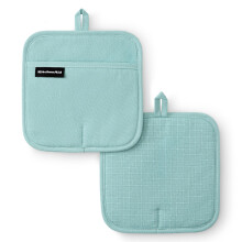 KITCHENAID Gourmet Series Gridlines Grytvottar 2-Pack, Värmebeständiga upp till 600F, Silikonhandtag, Magnetmudd, Mineralvatten Aqua, 8"x8"