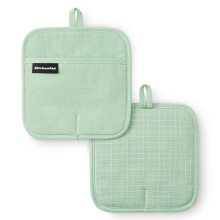 KITCHENAID Gourmet Series Gridlines Pot Houders 2-Pack, Tot 600F, Zachte Siliconen Grip, Magnetische Manchet, Pistache Groen, 8"x8"