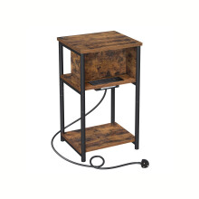 Narrow Bedside Table - Wood - Rustic Brown and Black - Integrated Charging Station with 2 AC and 2 USB Outlets