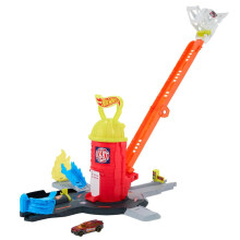 Toy Car Track Set, City Super Fire Station Rescue Playset & 1:64 Scale Fire Truck, Ladder-Track Extends 16”, 4 Different Exits, Easy Storage, JHL95