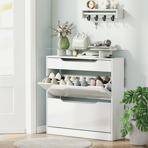 White Shoe Storage Cabinet with Slide-Out Drawer 1