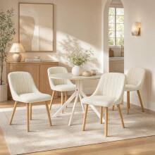 (White Travertine Table & 4 White Chairs) Round Dining Table and Chairs Set, Wooden Table with 4 Dining Chairs for Home, Kitchen