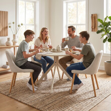 (White Travertine Table & 4 Beige Chairs) Round Dining Table and Chairs Set, Wooden Table with 4 Dining Chairs for Home, Kitchen