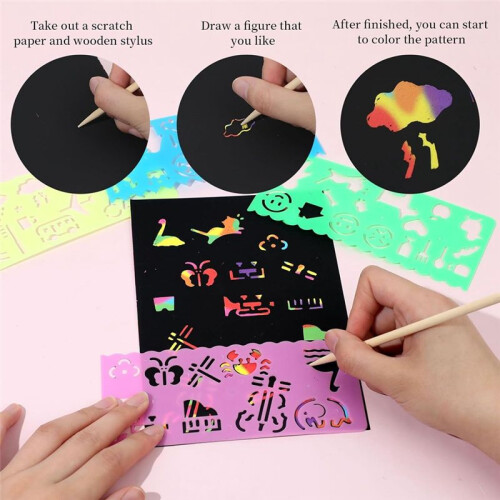 Rainbow Scratch Paper Art Set, Scratch Papers Supplies Black Scratch Drawing Art Crafts Sheets Notes Cards(59 Pcs) 1