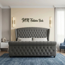 (Grey Plush, 3ft Single (without Gaslift)) Luxury Chesterfield 54in Winged Sleigh Bed Frame Plush Velvet Double Bed with Mattress & Ottoman Gas Lift Storage option