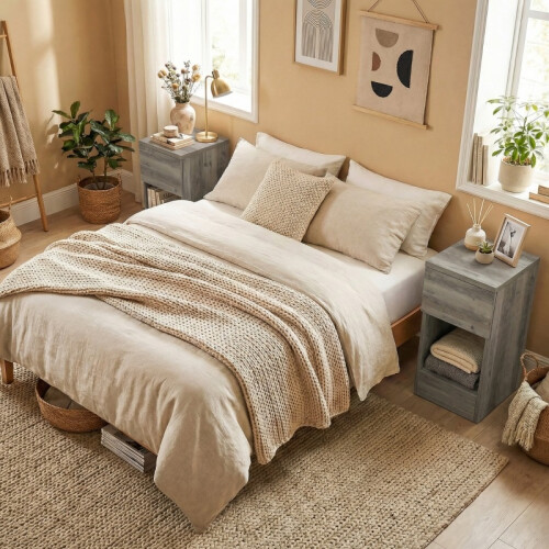 (Grey, Engineered Wood) Set of Two Modern Storage Bedside Tables - Grey 1