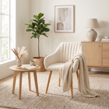 (Cream, Set of 2) Chenille Dining Chairs with Armrests, Solid Wood Legs for Home, Office- GOEURVANT