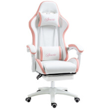 (Pink, Faux Leather) White & Pink Gaming Chair with Footrest & Lumbar Support