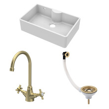 Traditional Fireclay Kitchen Bundle: 1 Bowl Butler Sink with Overflow & Ledge, Waste & Mono Tap, 795mm - Brushed Brass