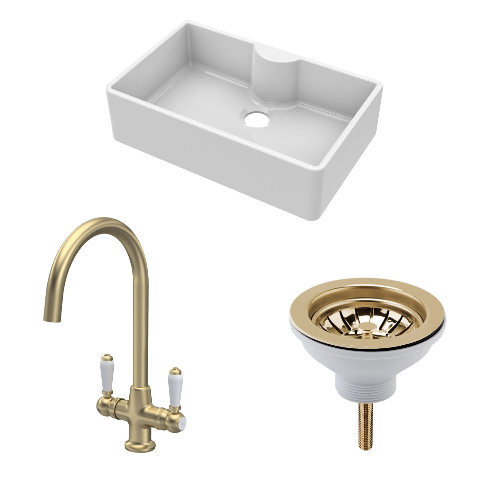 Photos - Kitchen Sink Traditional Fireclay Kitchen Bundle: 1 Bowl Butler Sink with Tap Ledge, Waste & Mono Lever Tap, 795mm - Brushed Brass White