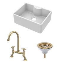 Fireclay Kitchen Bundle: Single Bowl Butler Sink with Tap Ledge, Waste & Bridge Tap, 595mm - Brushed Brass