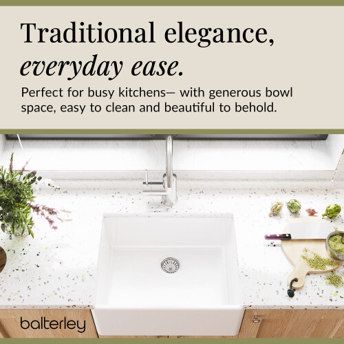 Balterley 595mm - Single Bowl Fireclay Butler Kitchen Sink  -  Chrome Strainer Waste 2