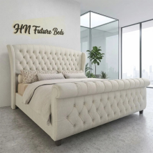 (White Plush, 4ft6" Double (without Gaslift)) Luxury Chesterfield 54in Winged Sleigh Bed Frame Plush Velvet Double Bed with Mattress & Ottoman Gas Lift Storage option