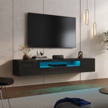 (Schwarz) radelldar TV-Schrank, Lowboard mit LED-Beleuchtung, Fernsehtisch hängend, Fernsehschrank Hochglanz, 180 x 35 x 30cm